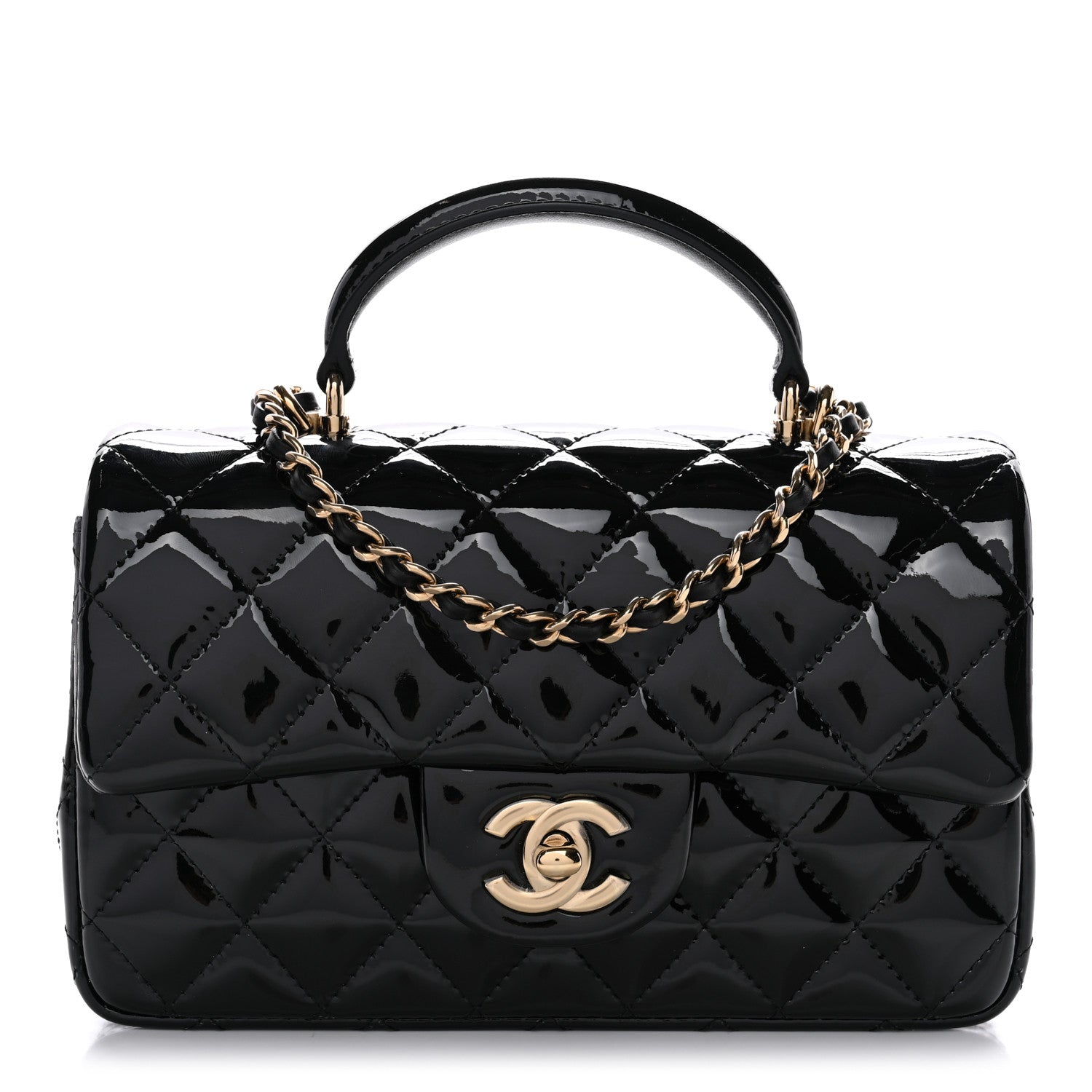 Patent Quilted Mini Top Handle Rectangular Flap Black