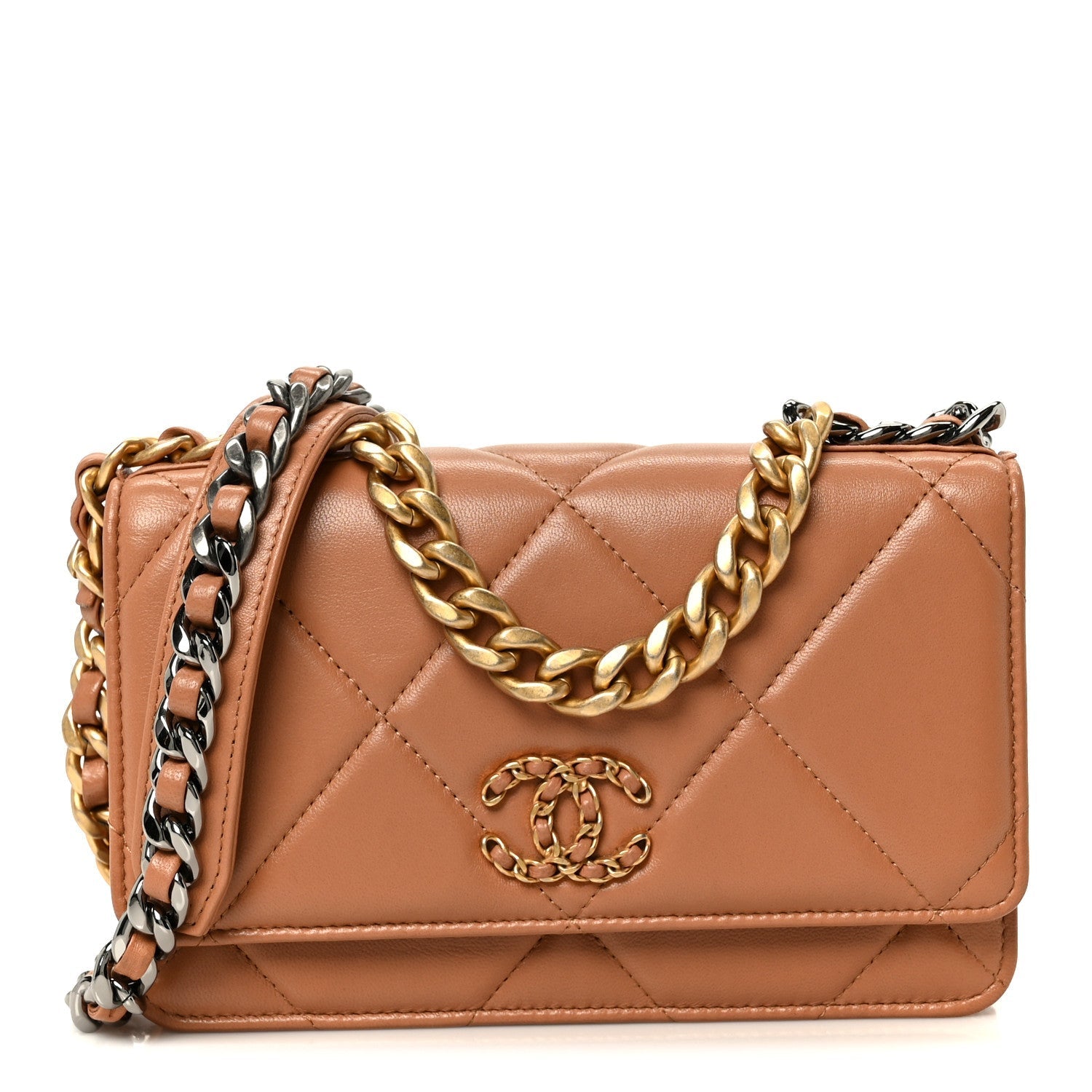 Lambskin Quilted CHNL 19 Wallet On Chain WOC Brown