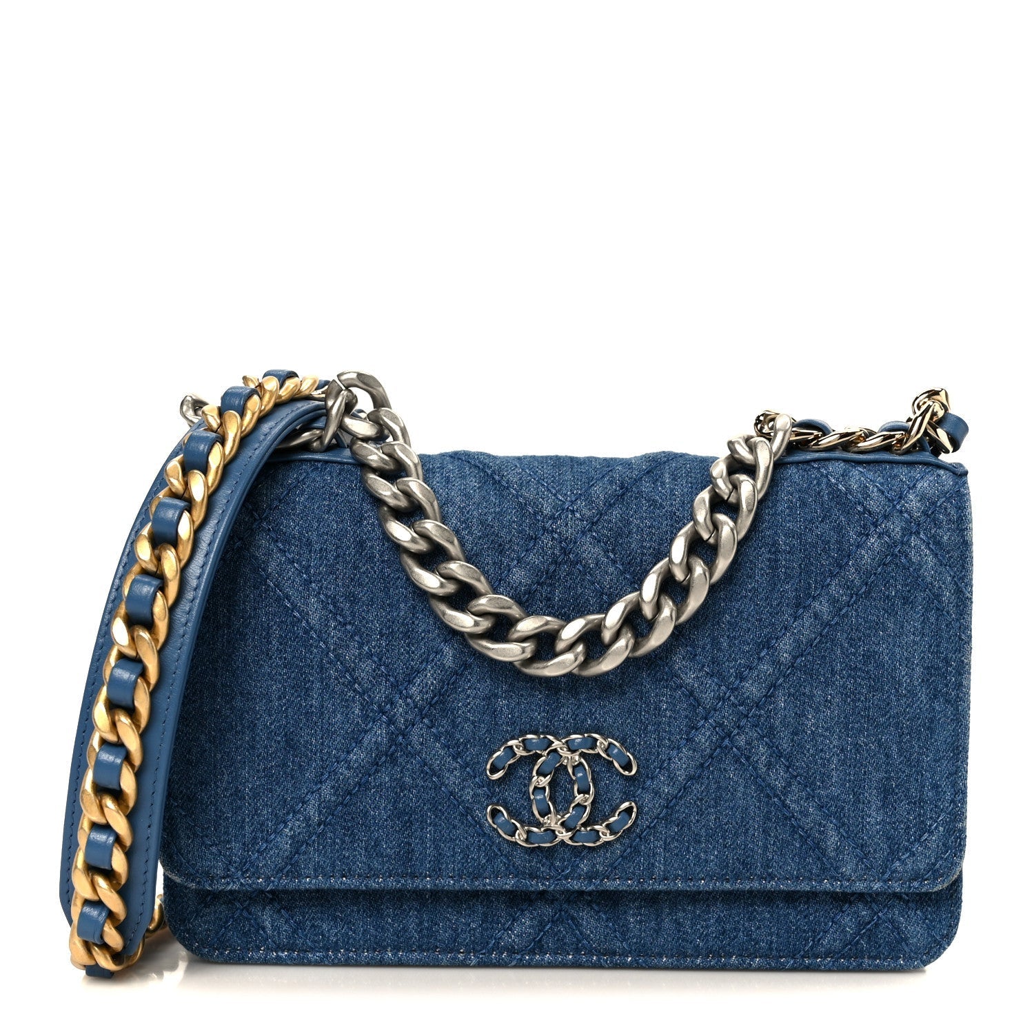 Denim Quilted CHNL 19 Wallet On Chain WOC Blue