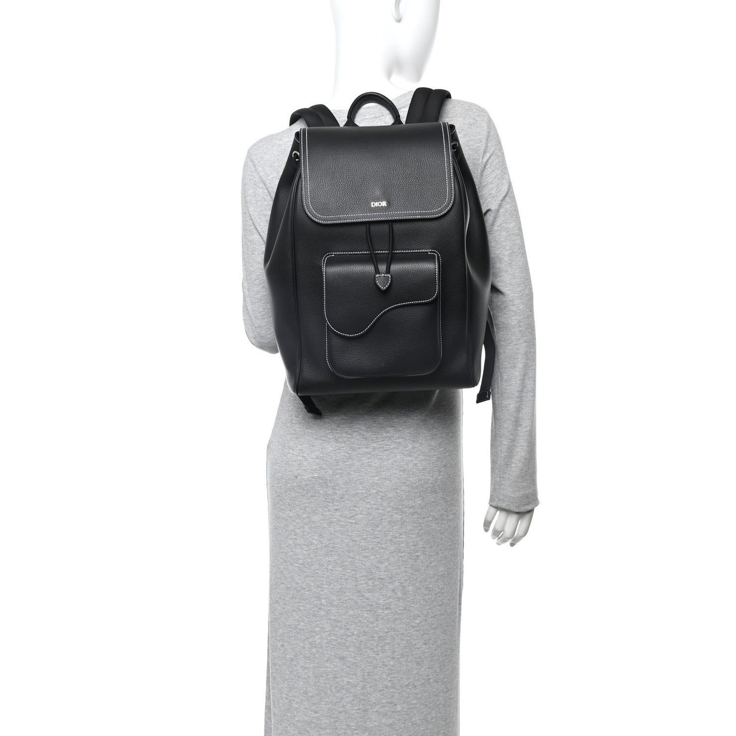 Grained Calfskin Saddle Drawstring Backpack Black