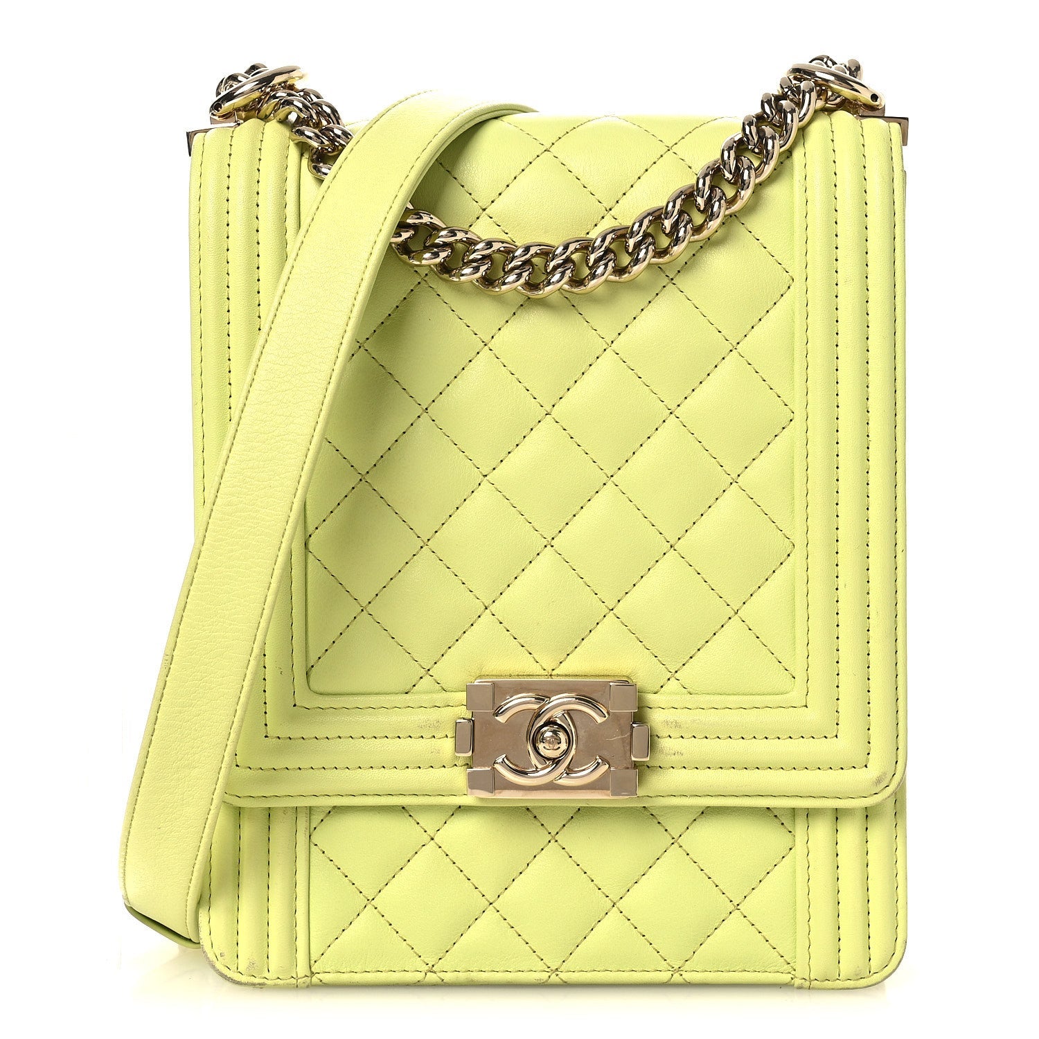 Calfskin Quilted North South Boy Flap Light Green
