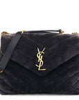 Suede Calfskin Y Quilted Monogram Small Loulou Chain Satchel Deep Marine
