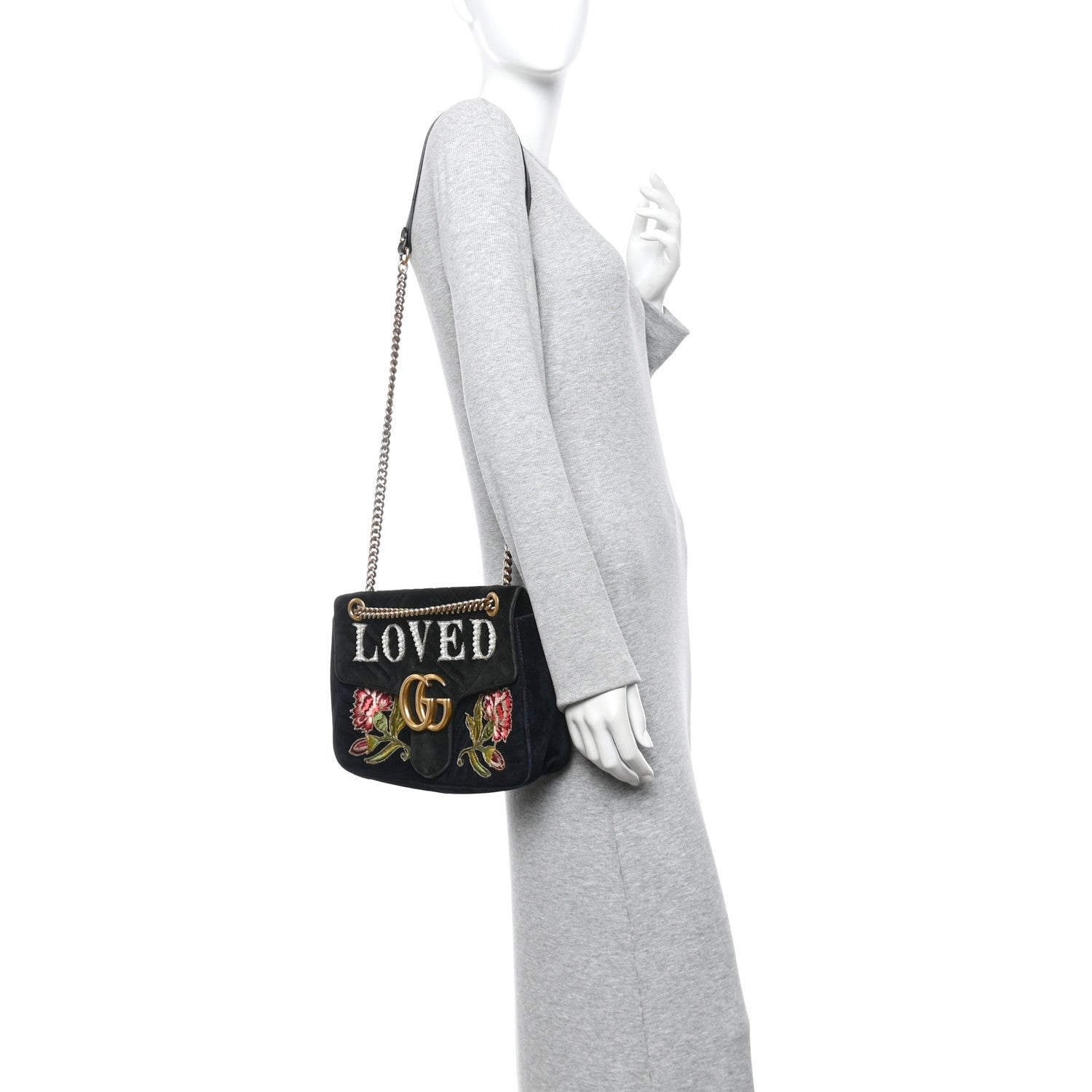 Velvet Matelasse Loved Embroidered Medium GG Marmont Shoulder Bag Black