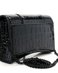 Shiny Calfskin Monochrome Crocodile Embossed Hourglass Chain Bag Black