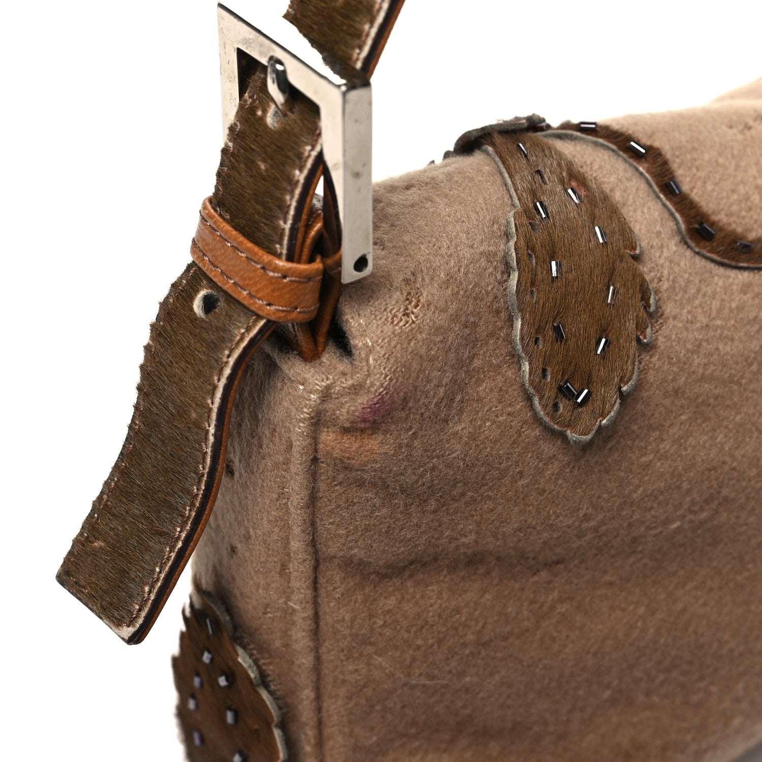 Wool Pony Hair Flower Applique Baguette Brown