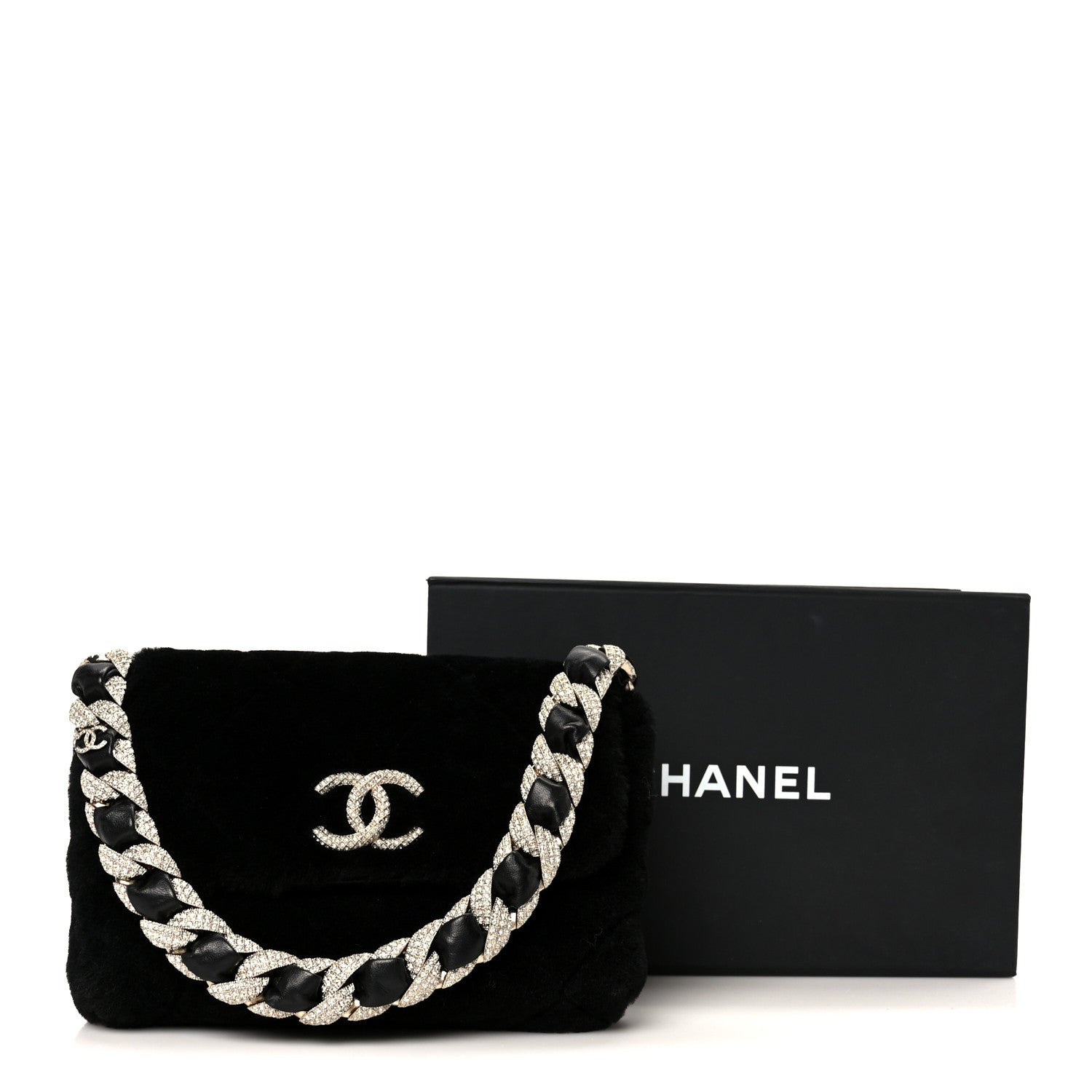 Shearling Lambskin Crystal Strass Flap Black