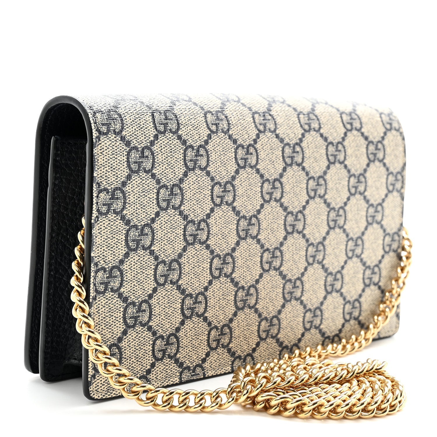 GG Supreme Monogram Textured Dollar Calfskin Mini GG Marmont Chain Wallet Beige Blue