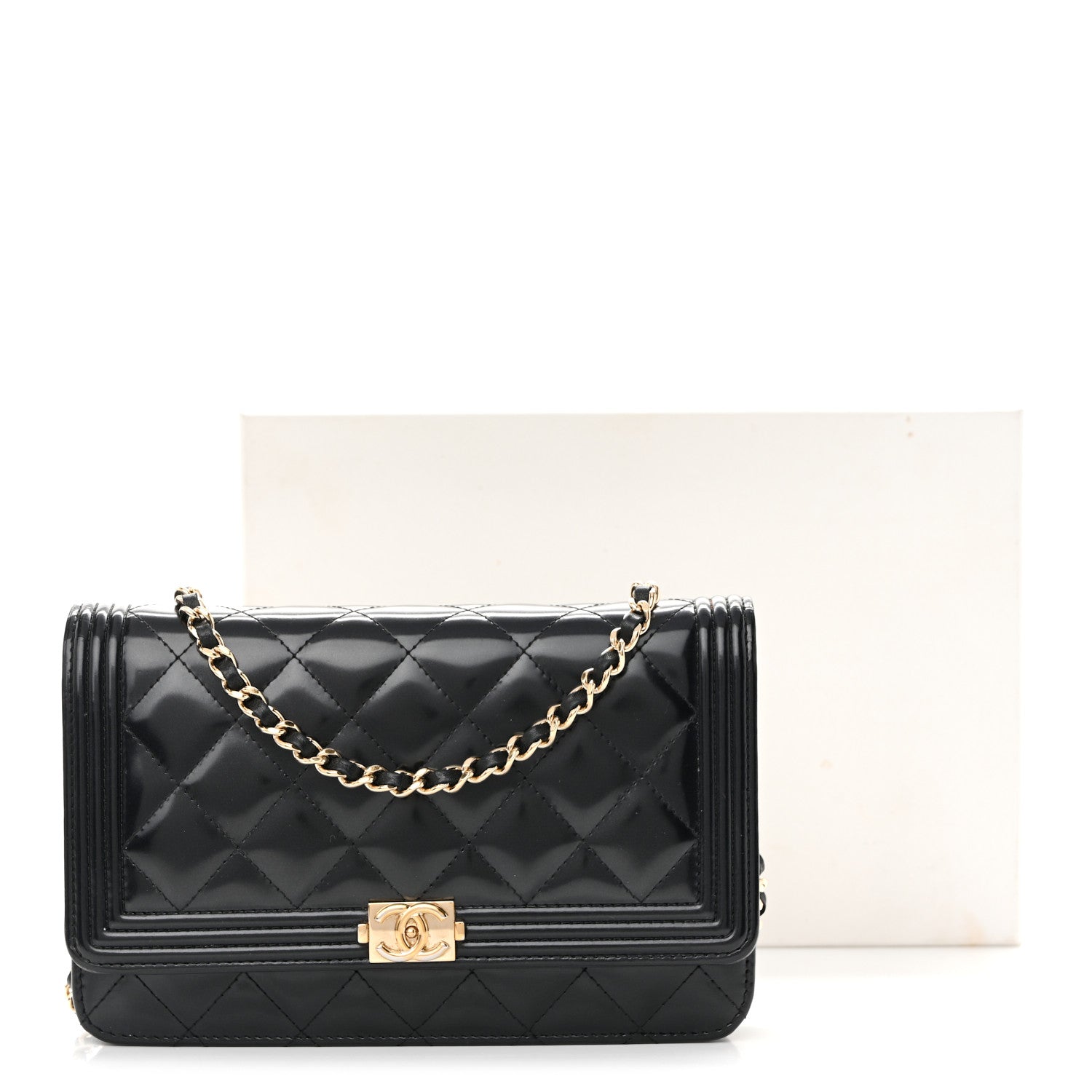 Glazed Calfskin Quilted Boy Wallet On Chain WOC Black