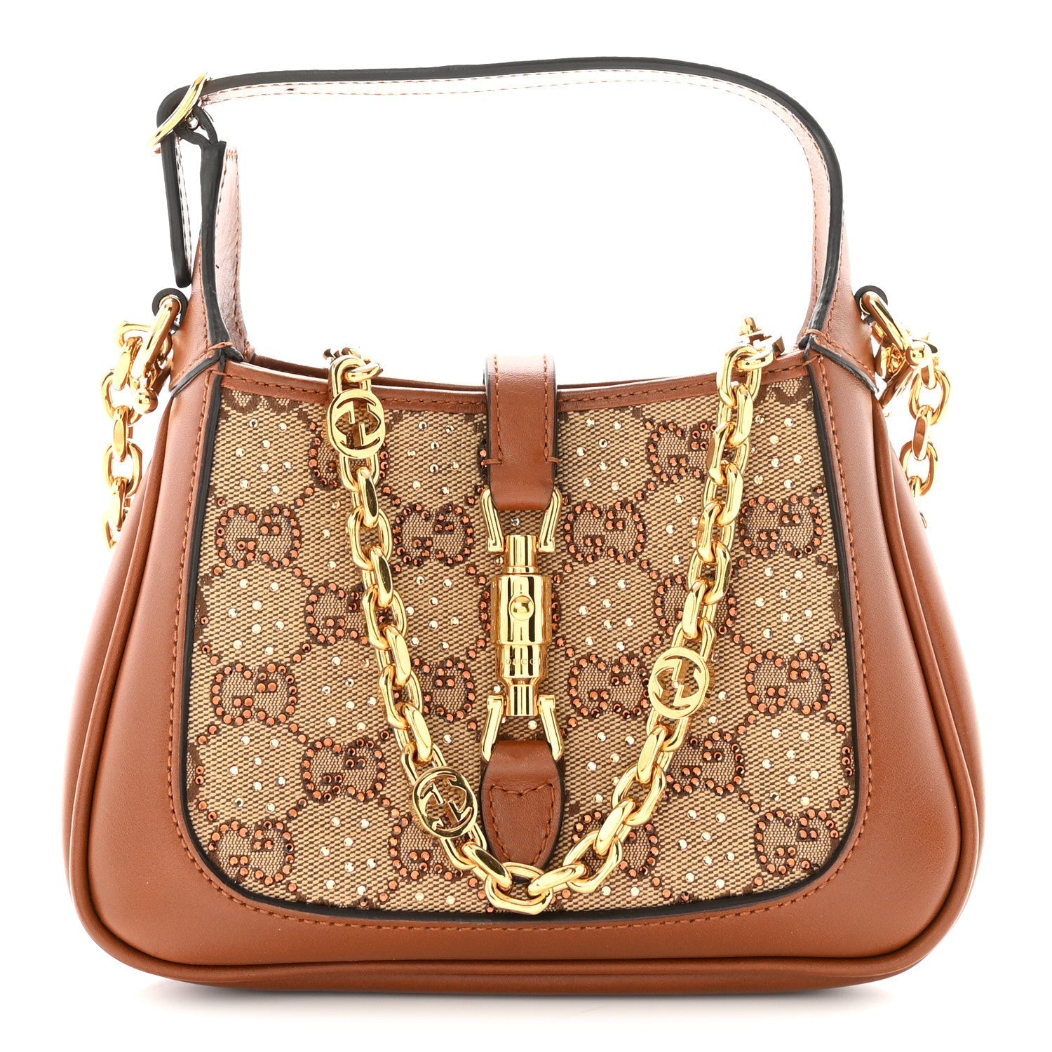 New Canvas Charisma Calfskin Crystal GG Monogram Mini Jackie 1961 Hobo Camel Ebony