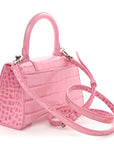 Shiny Calfskin Crocodile Embossed Hourglass Top Handle Bag XS Sweet Pink