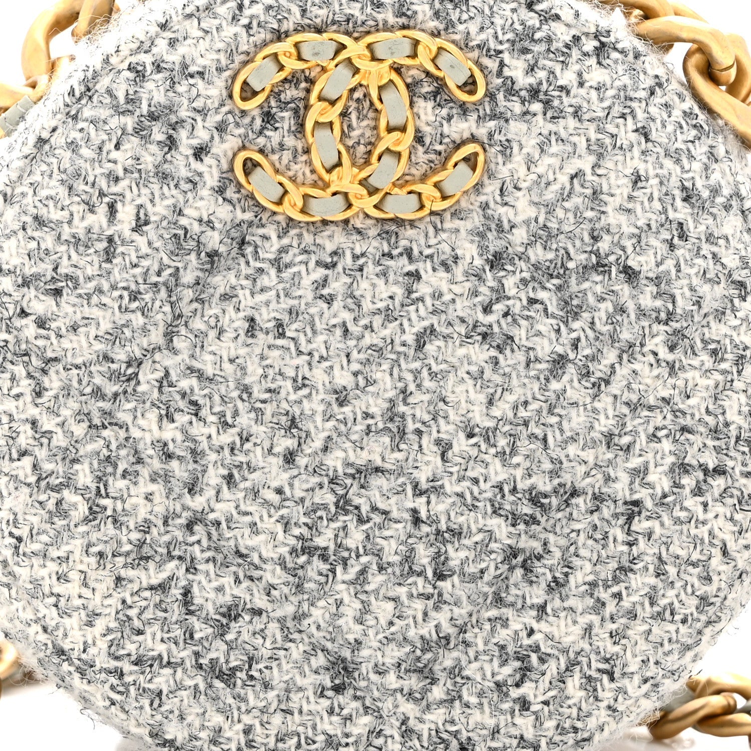 Wool Tweed Lambskin Quilted CHNL 19 Round Clutch With Chain Grey Ecru