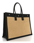 Raffia Linen Calfskin Rive Gauche Tote Naturale Black
