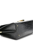 Calfskin Crocodile Embossed Medium Classic Monogram Cassandra Top Handle Black