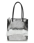 Crackled Mirror Calfskin Logo North South Shopper Tote XXS Silver