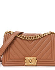 Caviar Chevron Quilted Medium Boy Flap Brown