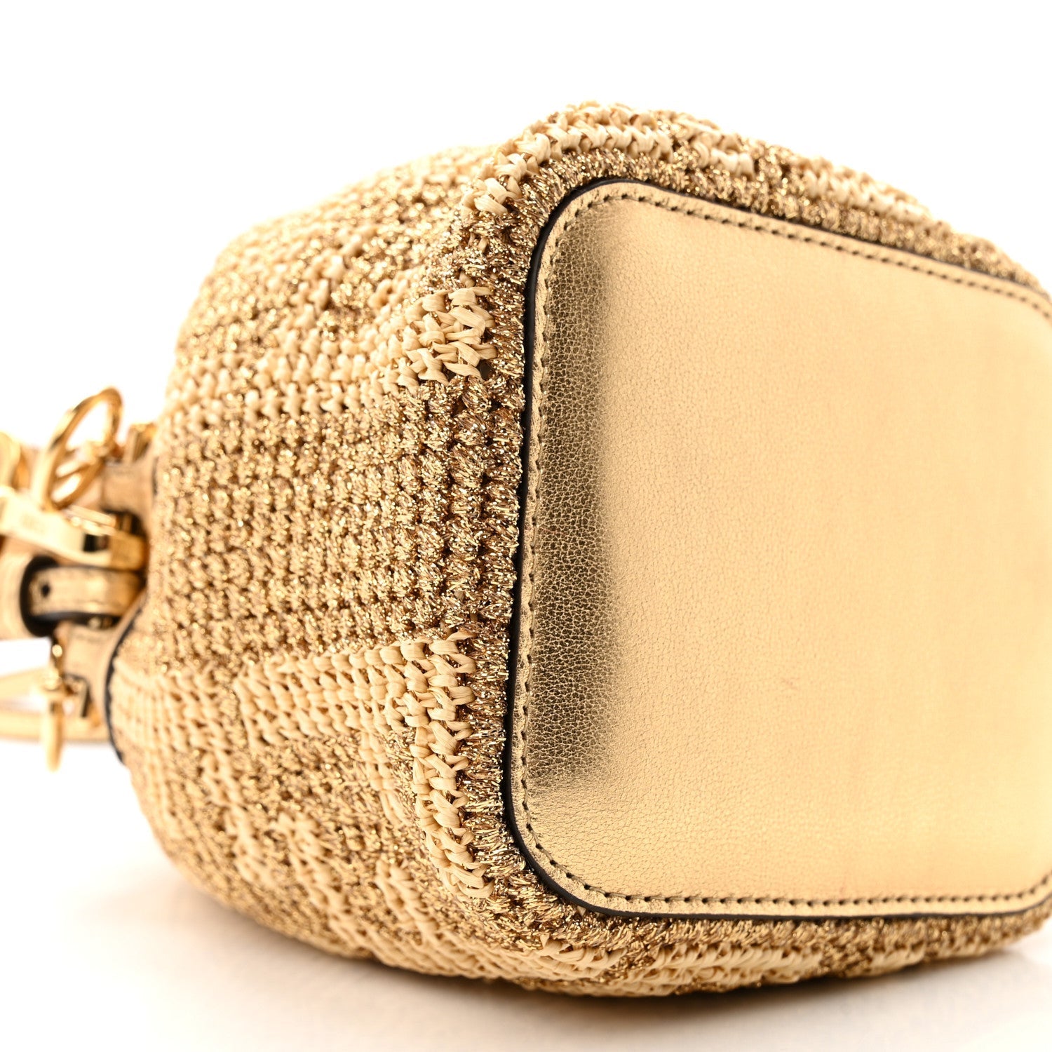 Raffia Lurex Vitello Laminato F is FNDI FF Crochet Mini Mon Tresor Bucket Bag Natural Oro