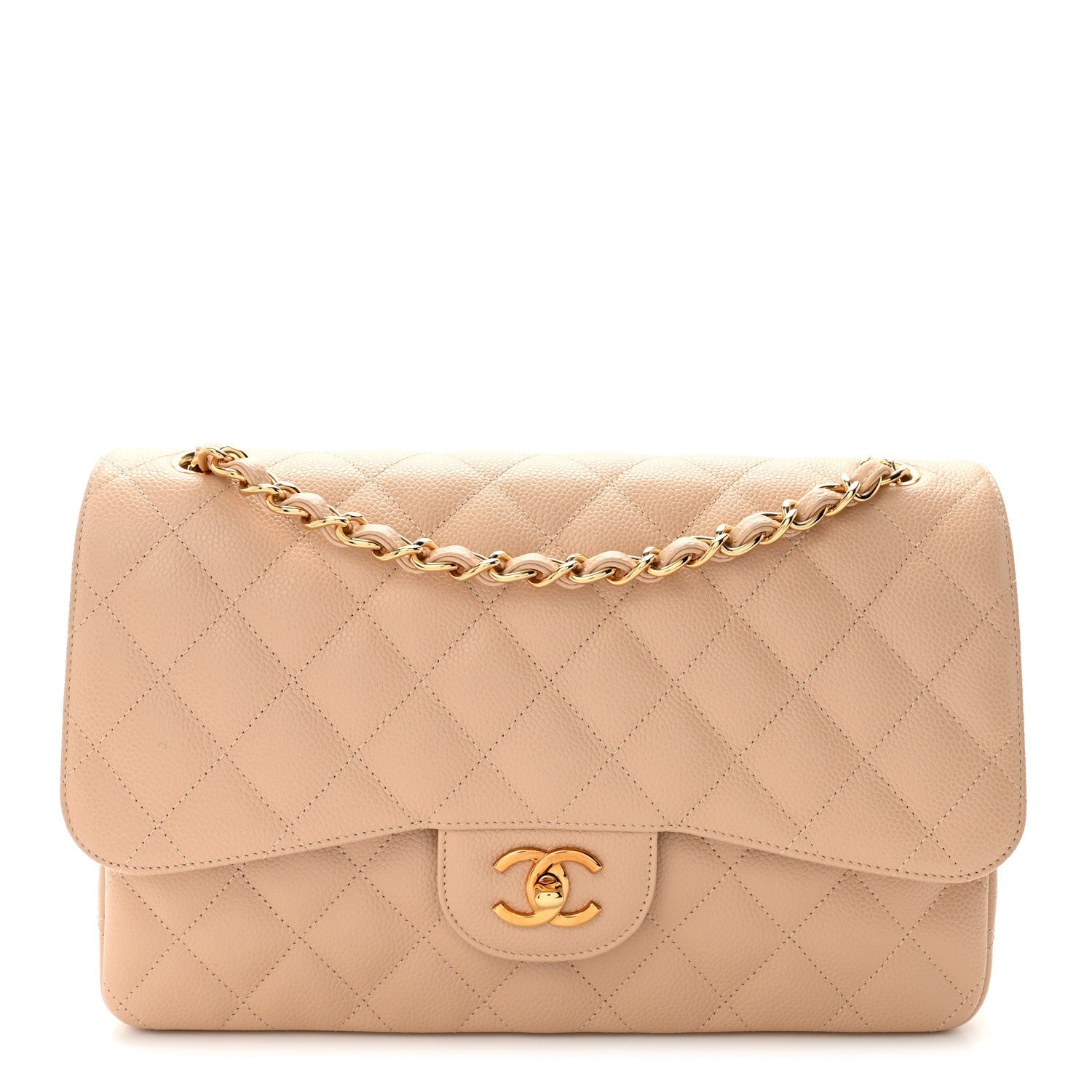 Caviar Quilted Jumbo Double Flap Light Beige