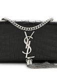 Calfskin Crocodile Embossed Small Classic Monogram Kate Tassel Satchel Black