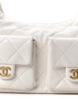 Shiny Lambskin Quilted Trendy Pockets Hobo White