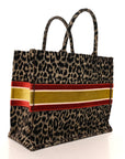 Canvas Velvet Embroidered Large Leopard Book Tote Tote Beige