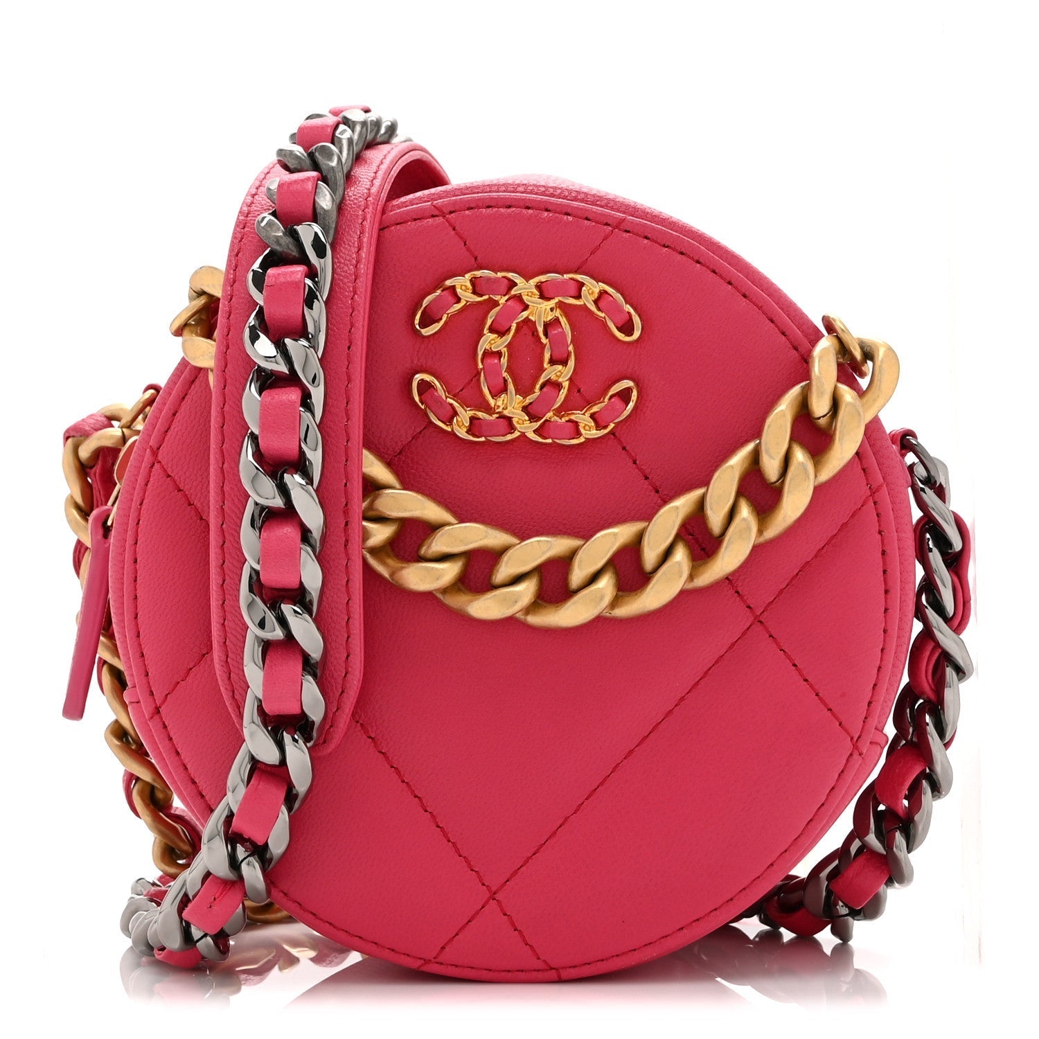 Lambskin Quilted CHNL 19 Round Clutch With Chain Pink