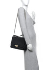 Grained Calfskin Quilted Large Label Click Flap Bag Black