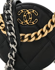 Shiny Goatskin Quilted CHNL 19 Round Clutch With Chain Black