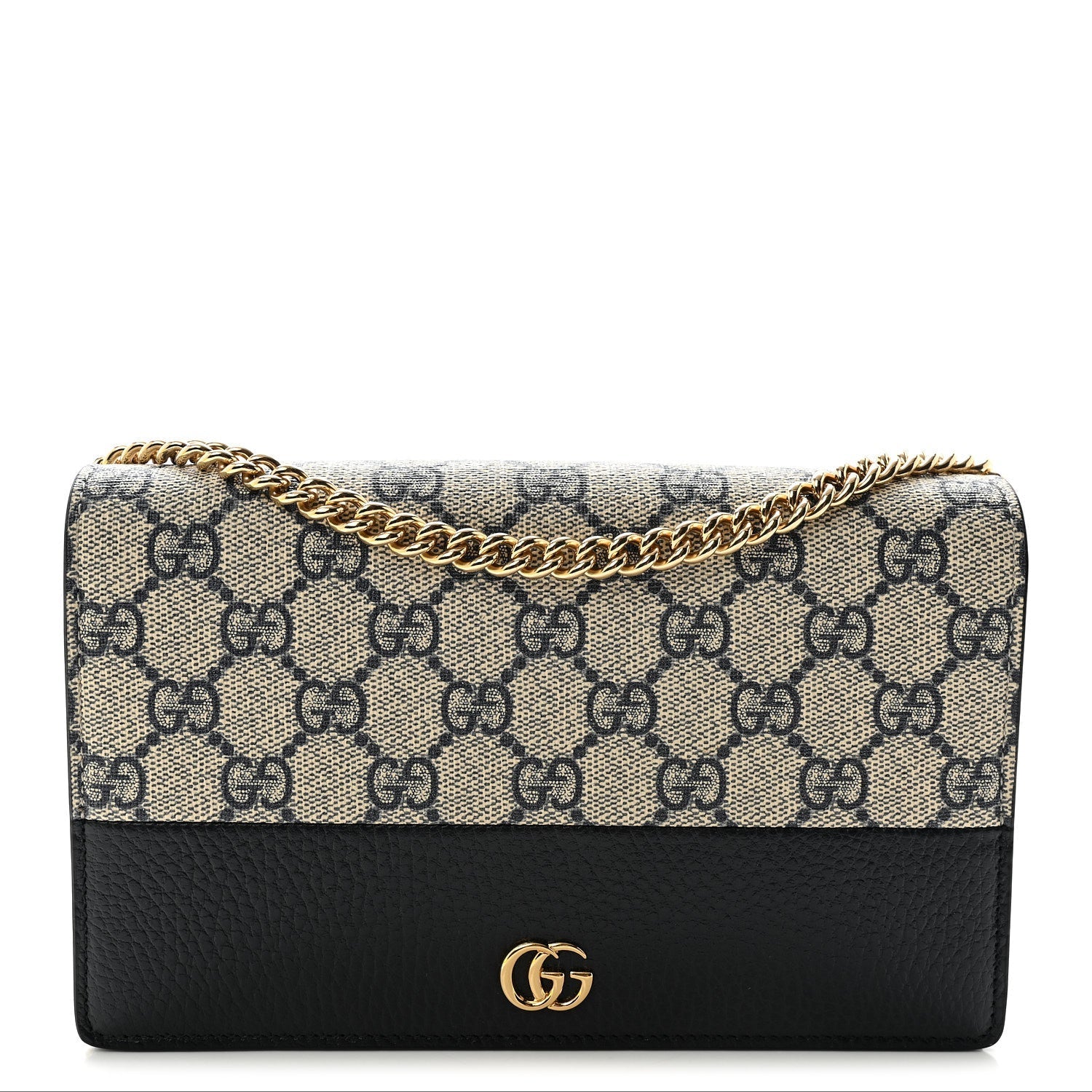 GG Supreme Monogram Textured Dollar Calfskin Mini GG Marmont Chain Wallet Beige Blue