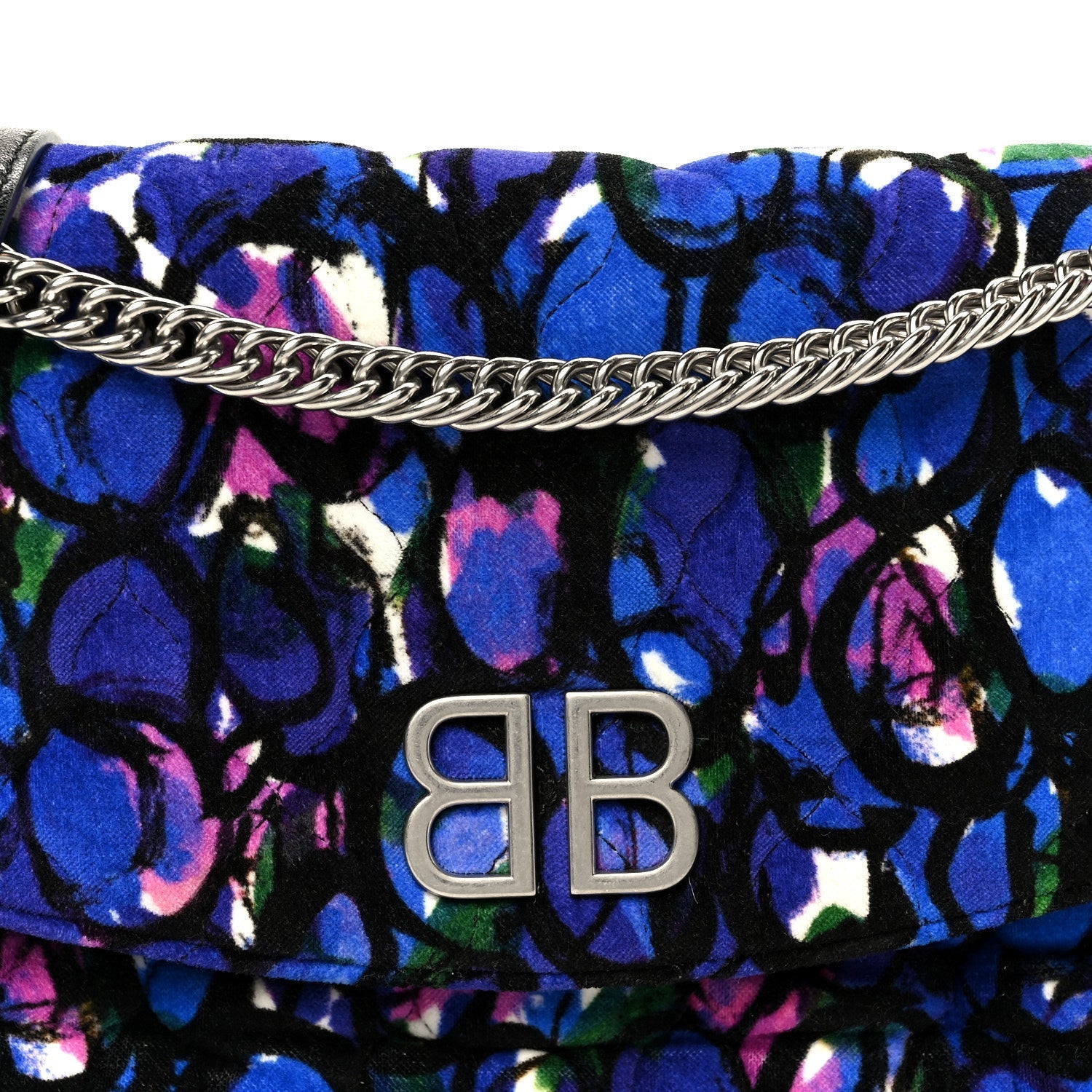 Velvet Floral Quilted M BB Round Shoulder Bag Bleu