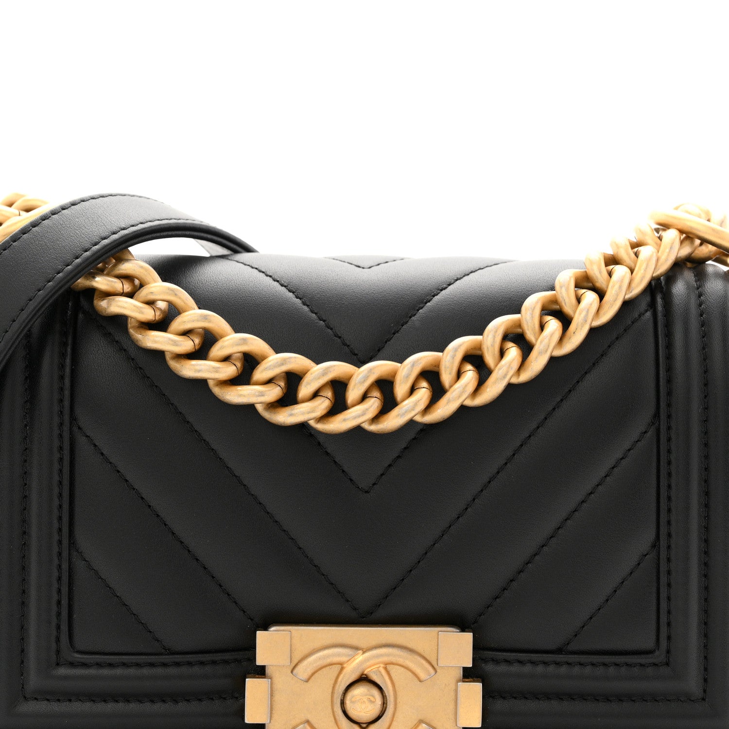 Calfskin Chevron Quilted Small Boy Flap Black