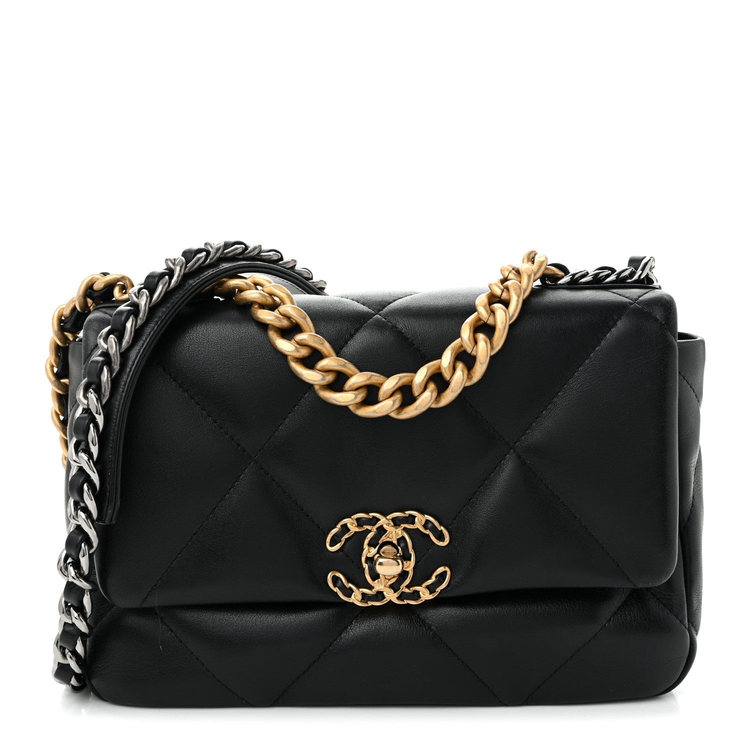 Shiny Goatskin Quilted Medium CHNL 19 Flap Black