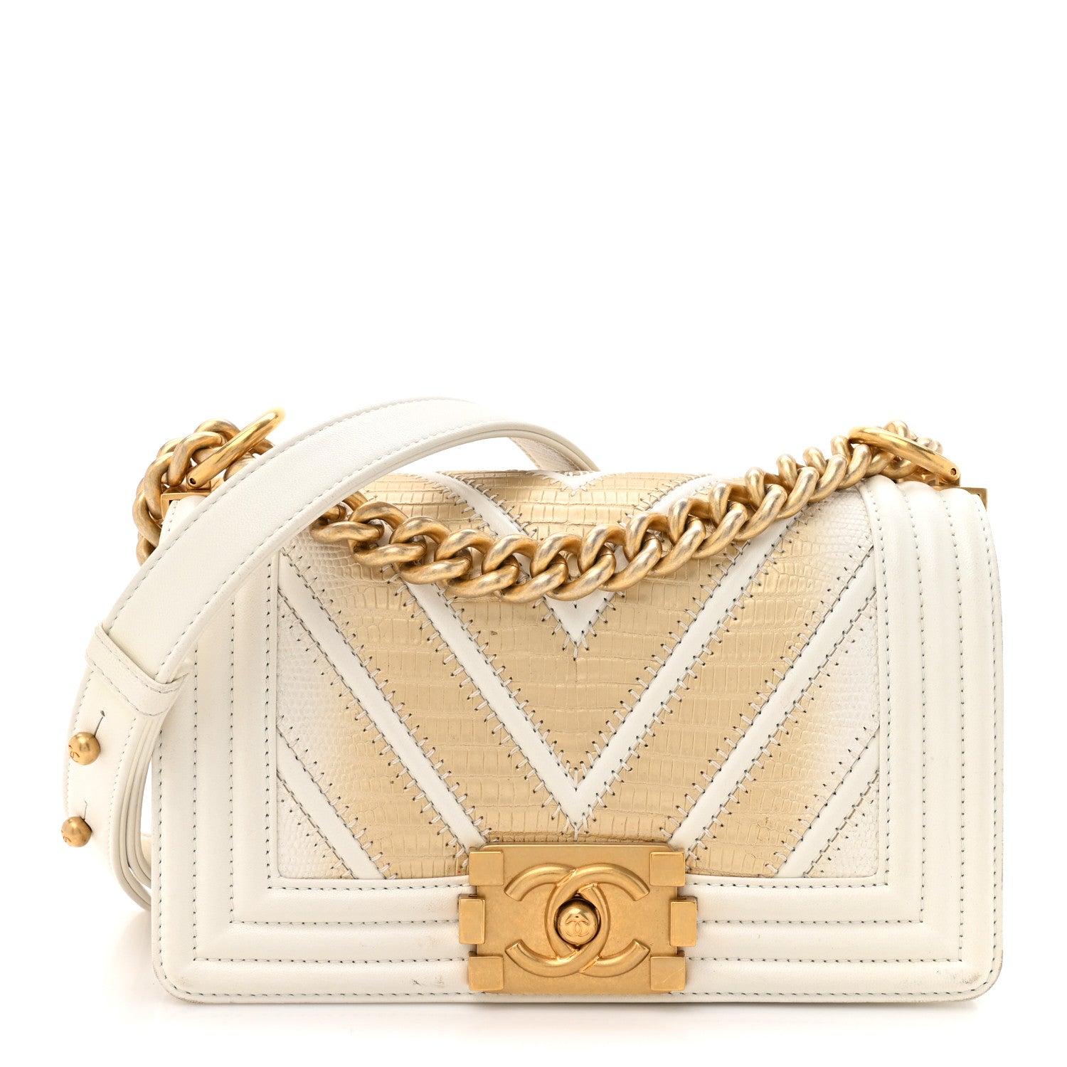 Lizard Chevron Small Boy Flap White Gold