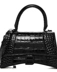 Shiny Calfskin Monochrome Crocodile Embossed Small Hourglass Top Handle Bag Black