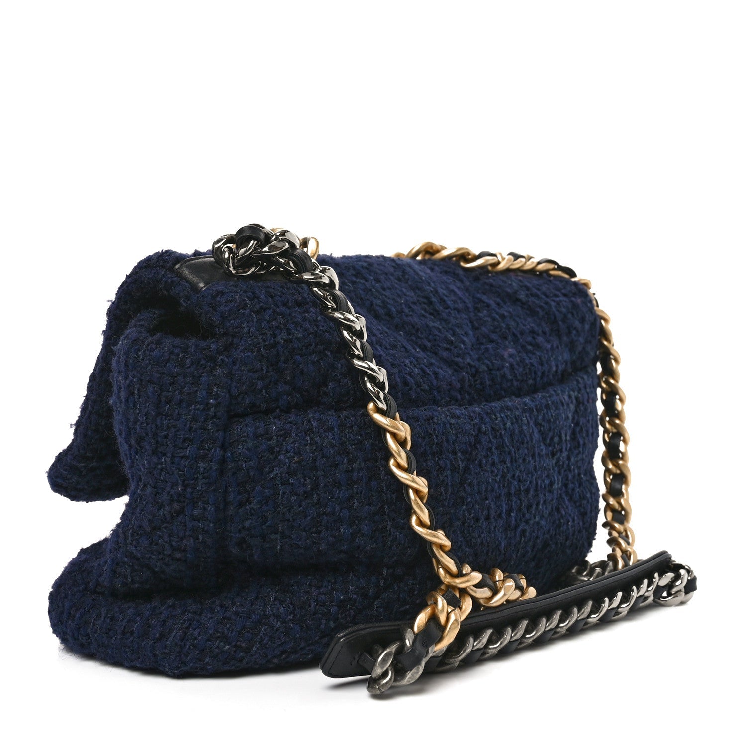 Tweed Quilted Large CHNL 19 Flap Navy Blue