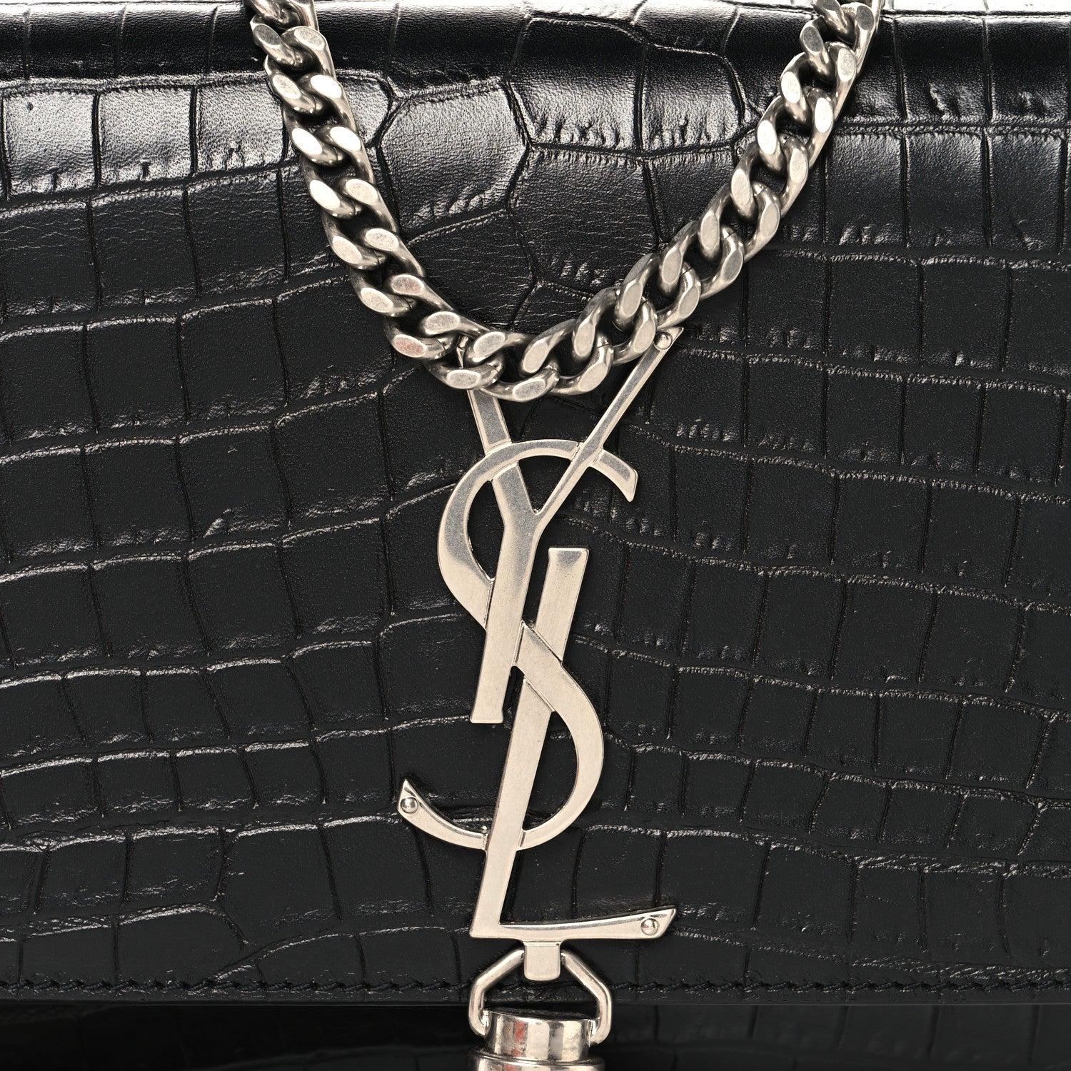 Calfskin Crocodile Embossed Small Classic Monogram Kate Tassel Satchel Black