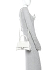 Calfskin Crocodile Embossed Small Hourglass Top Handle Bag White