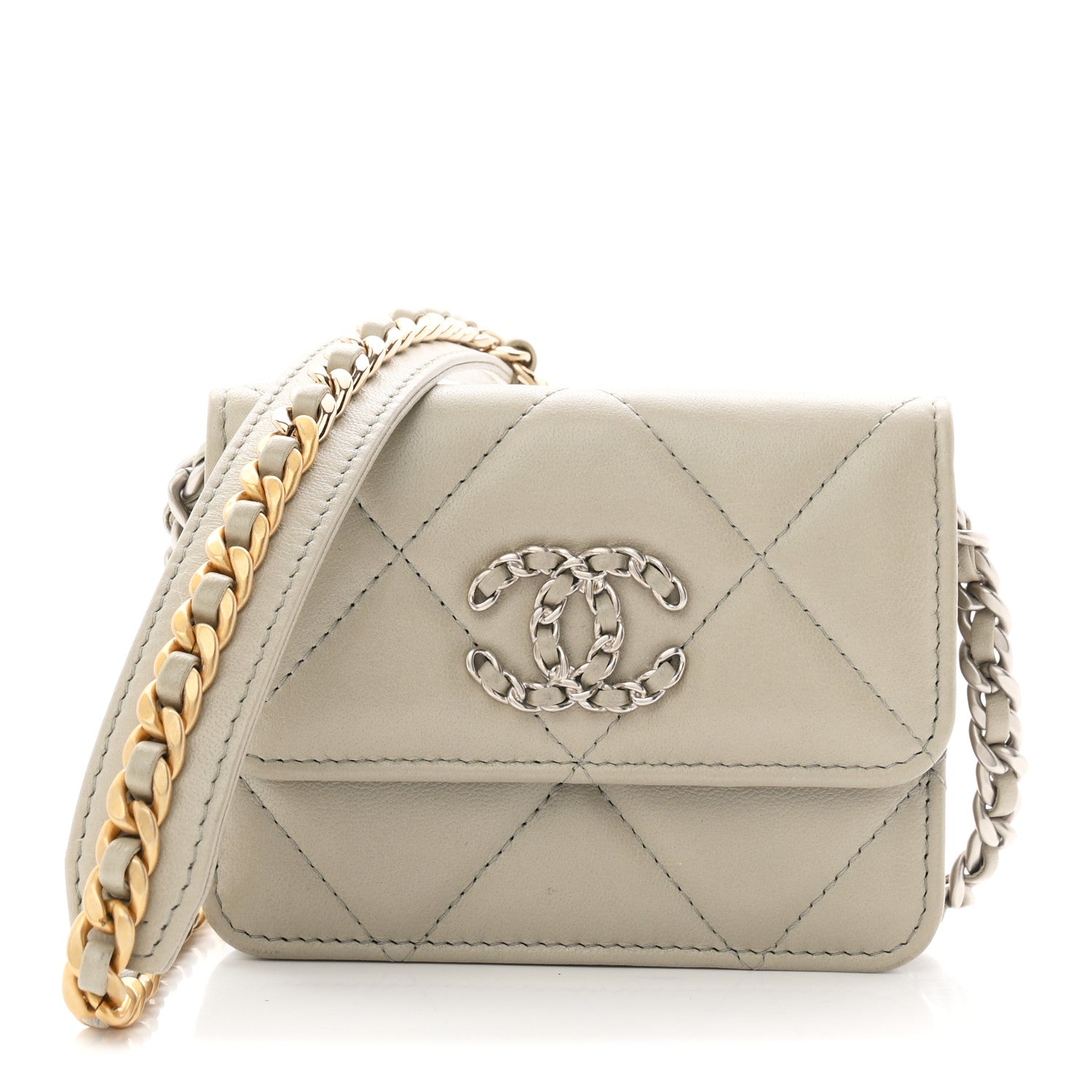 Lambskin Quilted CHNL 19 Flap Coin Purse With Chain Grey