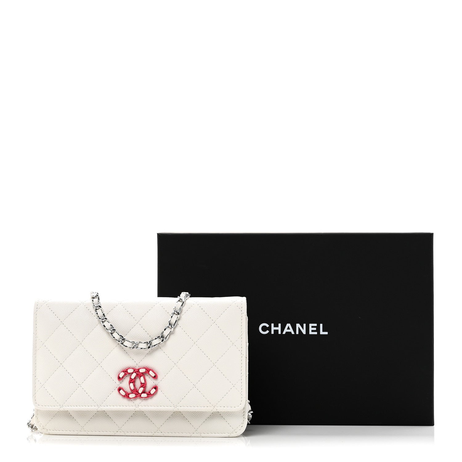 Caviar Quilted CHNL 19 Wallet On Chain WOC White Pink