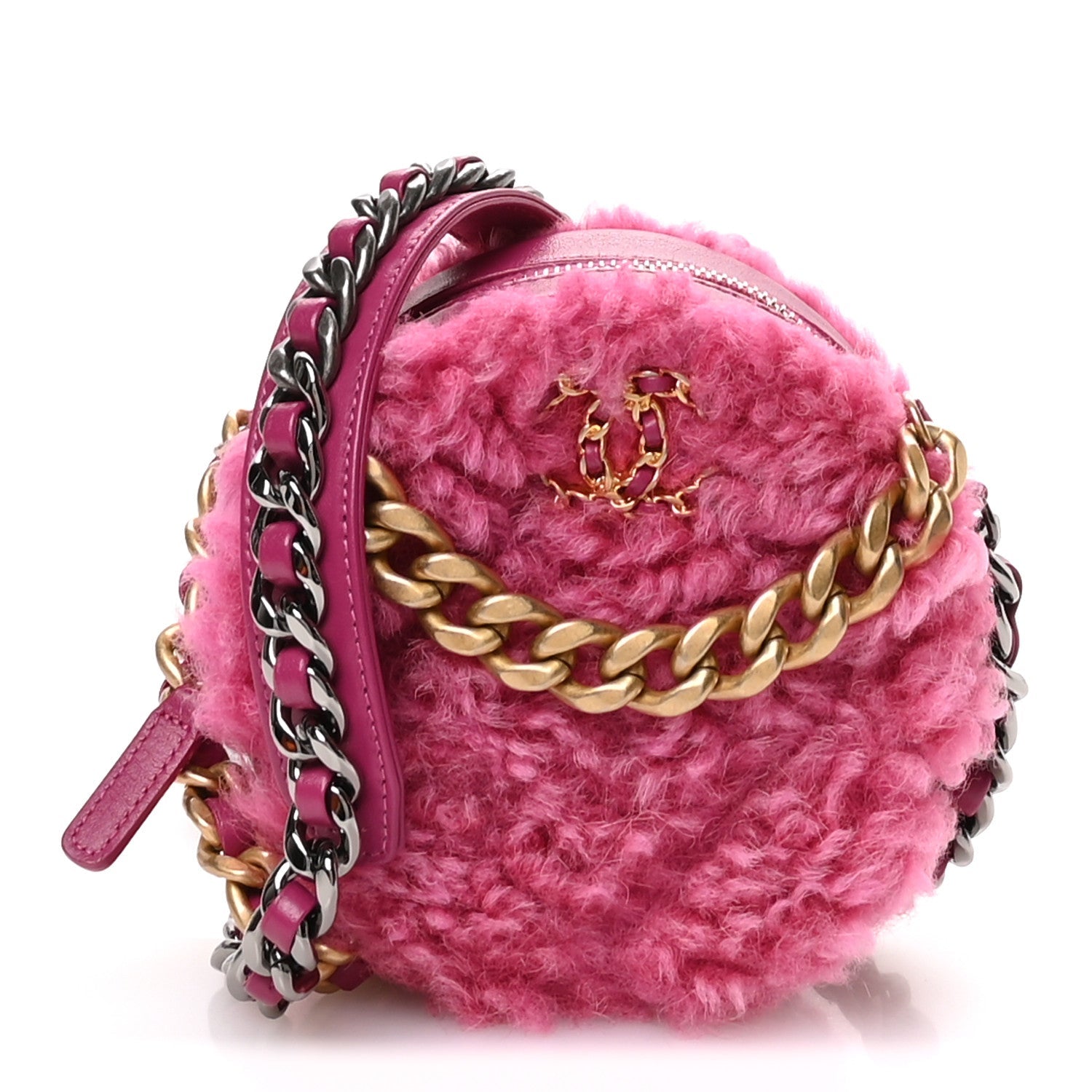 Shearling Sheepskin CHNL 19 Round Clutch With Chain Dark Pink
