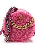 Shearling Sheepskin CHNL 19 Round Clutch With Chain Dark Pink