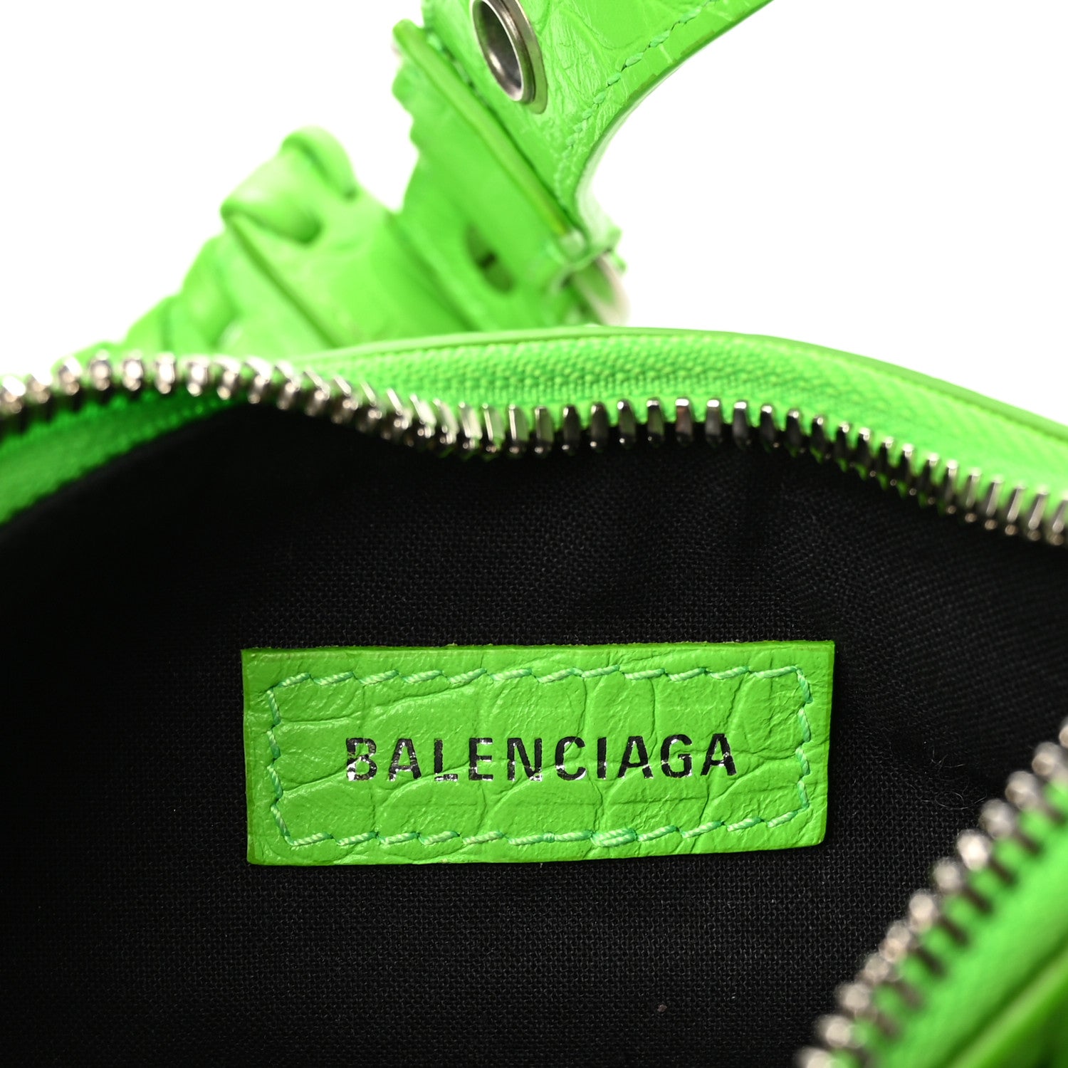Extra Supple Calfskin Crocodile Embossed Le Cagole Shoulder Bag XS Acid Green