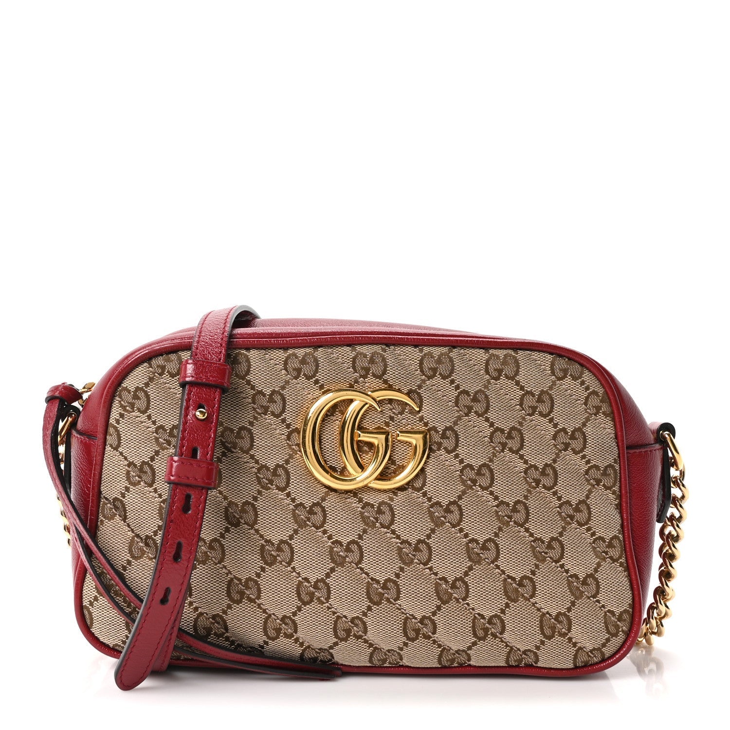 Monogram Azalea Calfskin Matelasse Diagonal Small GG Marmont Chain Shoulder Bag Beige Ebony New Cherry Red