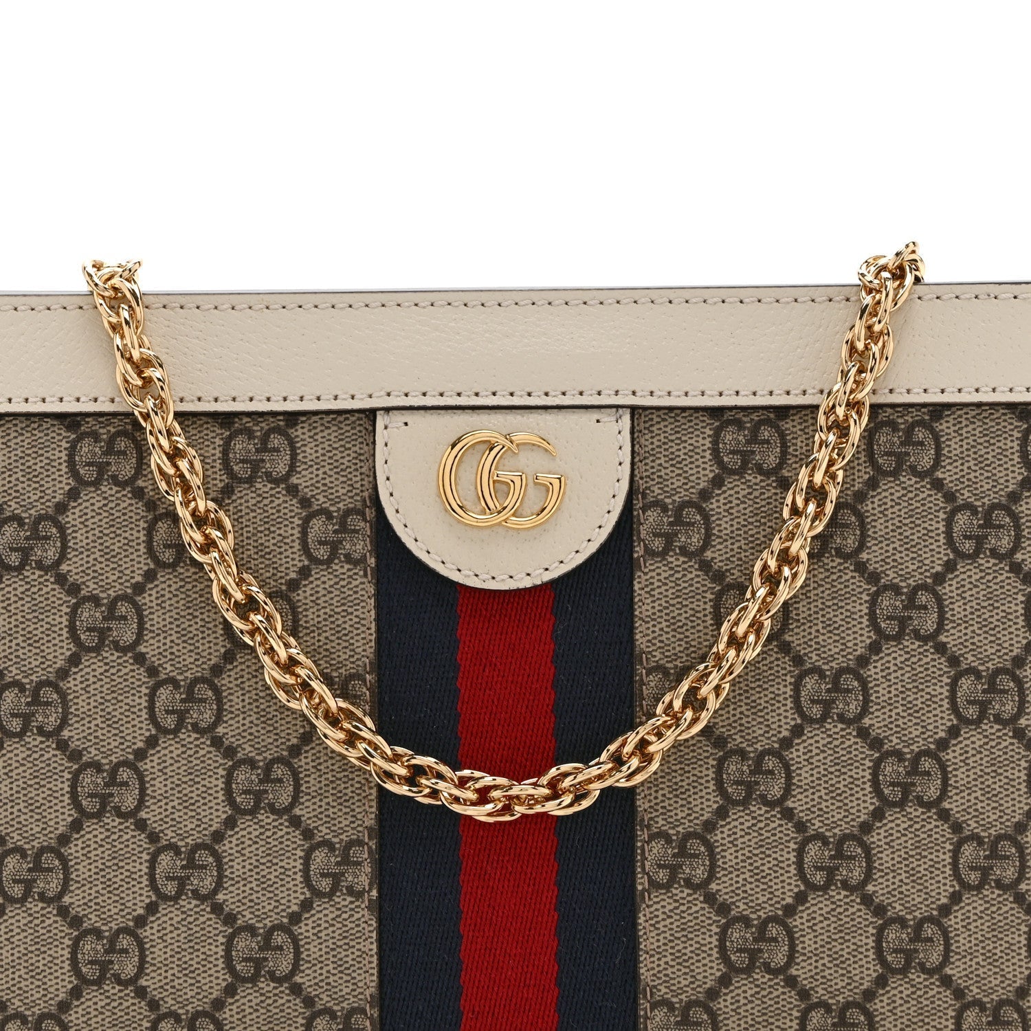 GG Supreme Monogram Textured Calfskin Web Small Ophidia Chain Shoulder Bag Beige Ebony Mystic White