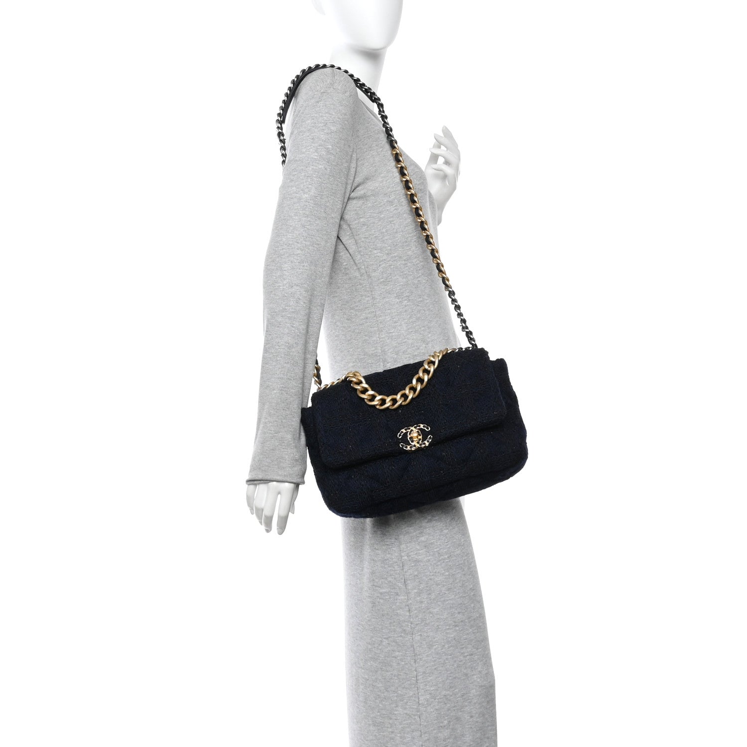 Tweed Quilted Large CHNL 19 Flap Navy Blue