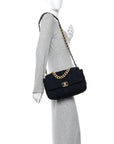 Tweed Quilted Large CHNL 19 Flap Navy Blue