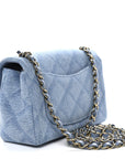 Printed Denim Quilted Mini Rectangular Flap Light Blue
