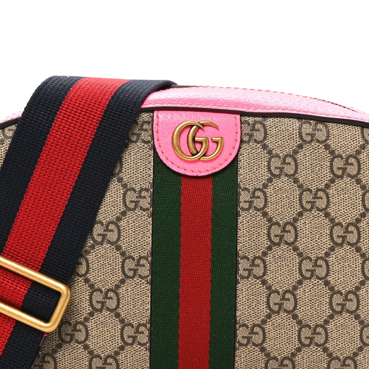 GG Supreme Monogram Textured Dollar Calfskin Web Ophidia Small Crossbody Bag Beige Ebony Fuchsia