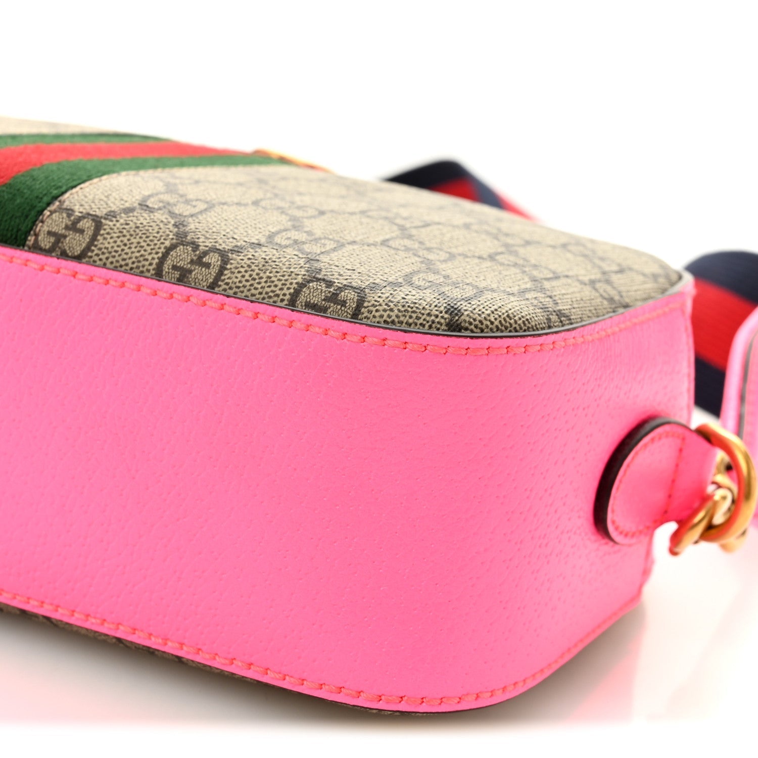 GG Supreme Monogram Textured Dollar Calfskin Web Ophidia Small Crossbody Bag Beige Ebony Fuchsia