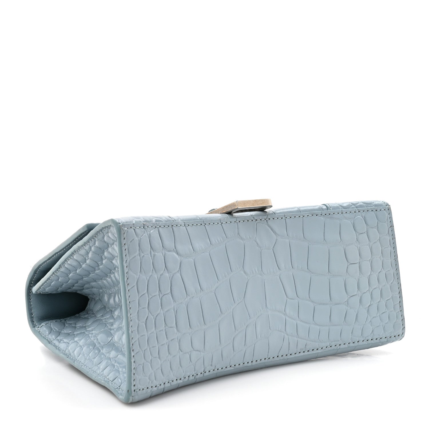 Shiny Calfskin Crocodile Embossed Small Hourglass Top Handle Bag Blue Grey