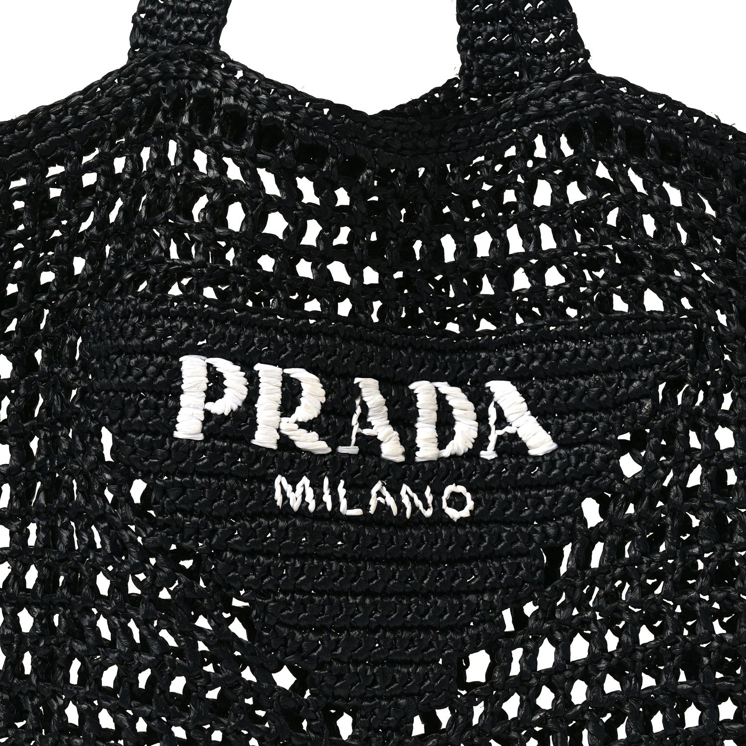 Yarn Raffia Effect Crochet Logo Embroidered Tote Bag Black
